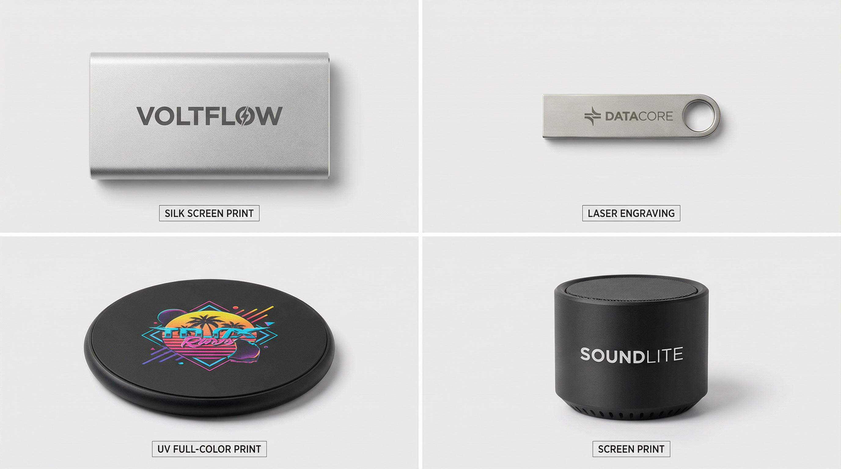Four custom 3C products showing available branding methods including silk screen printing, laser engraving, and UV printing