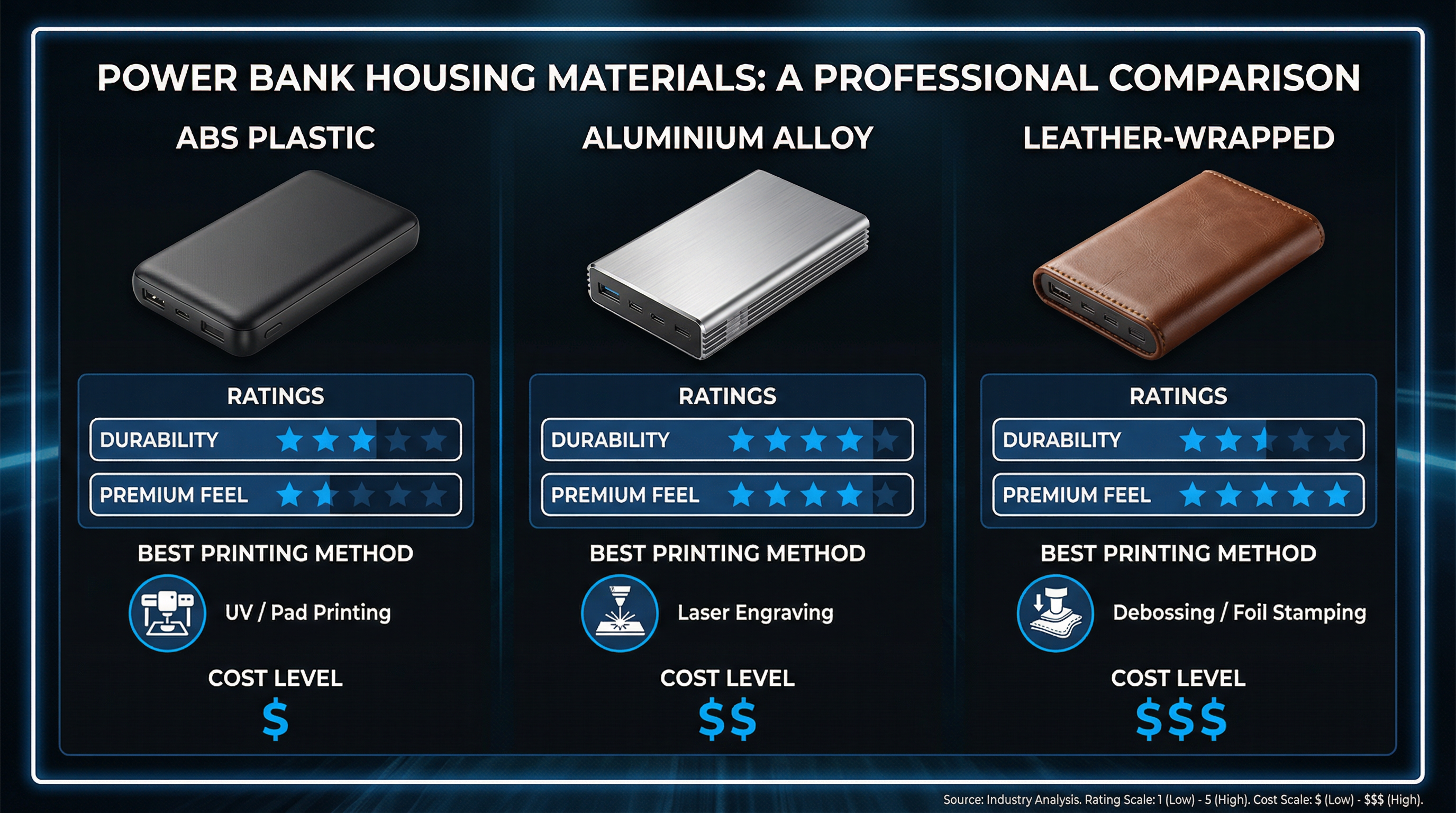 Comparison chart showing ABS plastic, aluminium alloy, and leather-wrapped power bank housing materials with durability and cost ratings